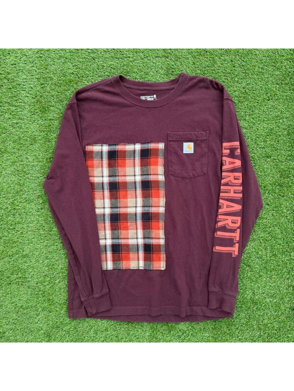 Carhartt Mens M Long Sleeve Pocket Tee Maroon Reworked Flannel Patch Spellout